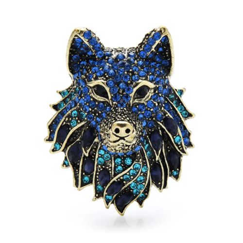 3D Wolf or Dog Face Brooch with Blue Rhinestones